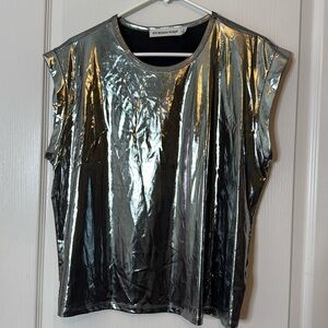 Rebecca Minkoff Silver Metallic Cap Sleeve Top Large